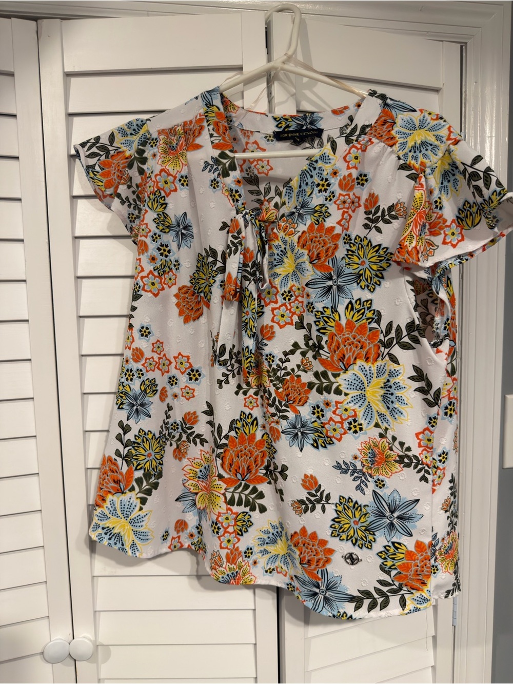 Avenue White Floral Tie-Front Blouse with Orange & Blue Blooms